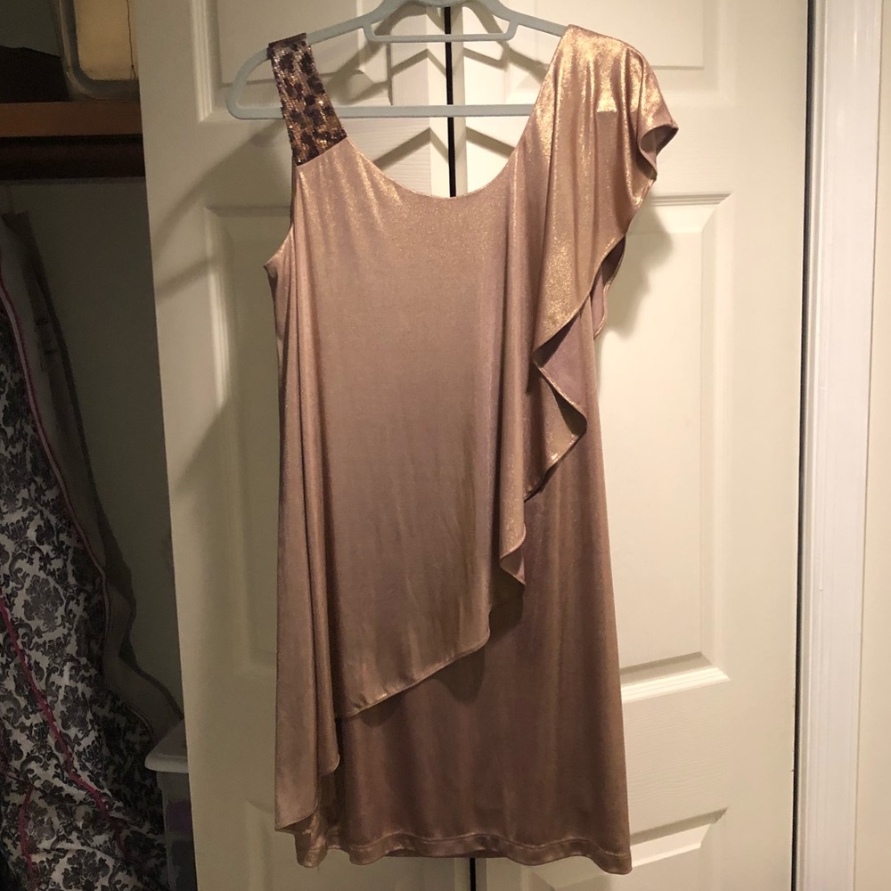 gold shimmer dress with leopard sequin on sleeve